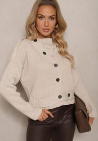 Renee - Jasnobeżowy Klasyczny Kardigan z Ozdobnym Paskiem z Guzikami w Talii Tilika. Okazja: na co dzień. Kolor: beżowy. Materiał: jeans. Sezon: lato, wiosna. Styl: klasyczny #4