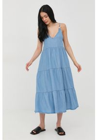 Patrizia Pepe sukienka midi rozkloszowana. Kolor: niebieski. Materiał: tkanina. Długość rękawa: na ramiączkach. Typ sukienki: rozkloszowane. Długość: midi