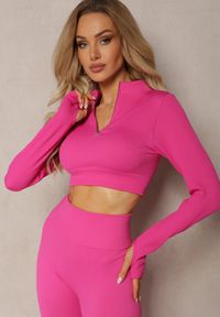 Renee - Fuksjowa Elastyczna Bluzka na Suwak z Wycięciem przy Ściągaczu Denalla. Okazja: na co dzień. Kolor: różowy. Styl: casual