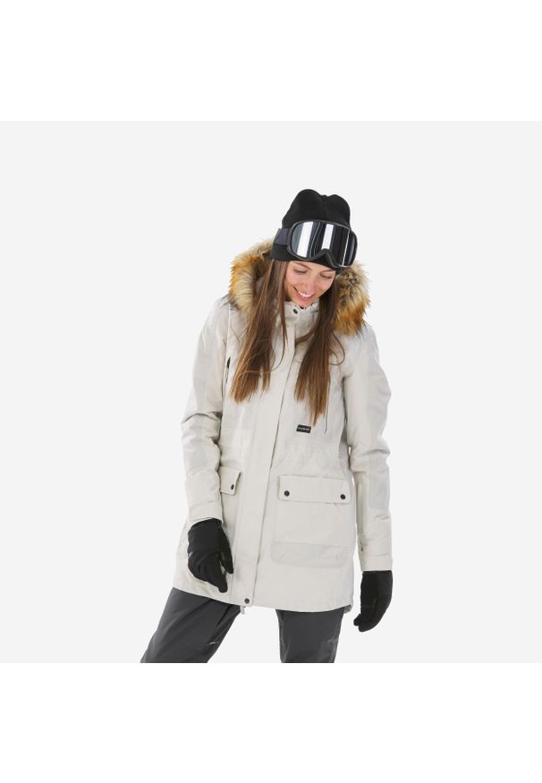 DREAMSCAPE - Kurtka narciarska i snowboardowa damska Dreamscape SNB 500. Kolor: beżowy. Materiał: materiał, puch. Długość: długie. Sezon: zima. Sport: snowboard, narciarstwo