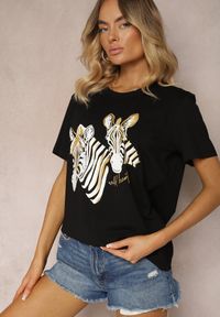 Renee - Czarny T-shirt z Bawełny z Nadrukiem o Motywie Zwierzęcym Risabell. Okazja: na co dzień. Kolor: czarny. Materiał: bawełna. Wzór: motyw zwierzęcy, nadruk. Styl: casual #2