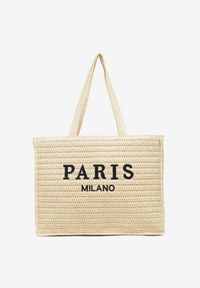 Born2be - Beżowa Torebka Shopper z Plecionką i Ozdobnym Napisem Nilaura. Kolor: beżowy. Wzór: napisy. Styl: biznesowy, elegancki, casual