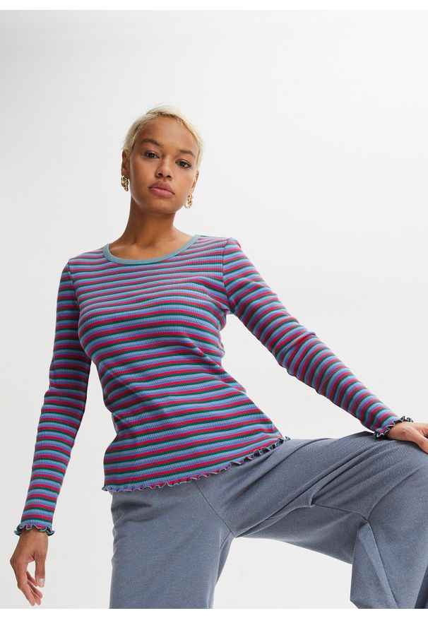 bonprix - Prążkowana bluzka z bawełny organicznej. Kolor: niebieski. Materiał: prążkowany, bawełna. Wzór: prążki, paski