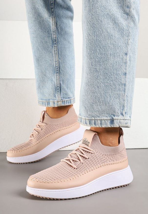 Renee - Różowe Buty Sportowe Sneakersy z Siateczkową Cholewką Helazia. Okazja: na co dzień. Kolor: różowy. Materiał: jeans. Szerokość cholewki: normalna