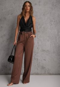 Renee - Brązowe Spodnie Szerokie z Dodatkiem Bawełny High Waist z Metaliczną Klamrą Azaerixis. Okazja: na co dzień. Stan: podwyższony. Kolor: brązowy. Materiał: bawełna. Styl: casual #3