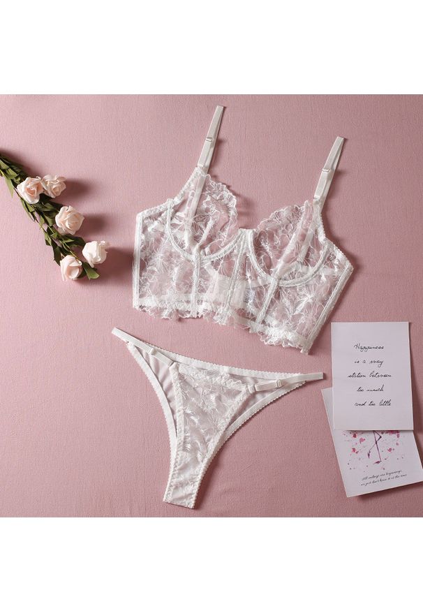 Intica - Komplet bielizny z gorsetowym topem i figami delikatny materiał Racheal. Kolor: biały. Materiał: materiał