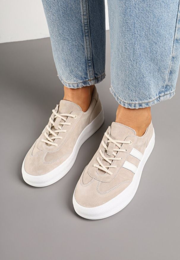 Born2be - Beżowe Skórzane Sneakersy Typu Klasyczne Tenisówki na Grubej Podeszwie Eleavine. Okazja: do pracy, na spacer, na co dzień. Kolor: beżowy. Materiał: skóra. Sport: turystyka piesza