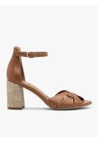 Ryłko - Jasnobrązowe sandały damskie na ozdobnym obcasie. Okazja: na co dzień. Kolor: brązowy. Materiał: skóra. Obcas: na obcasie. Styl: casual, street, elegancki. Wysokość obcasa: średni #1