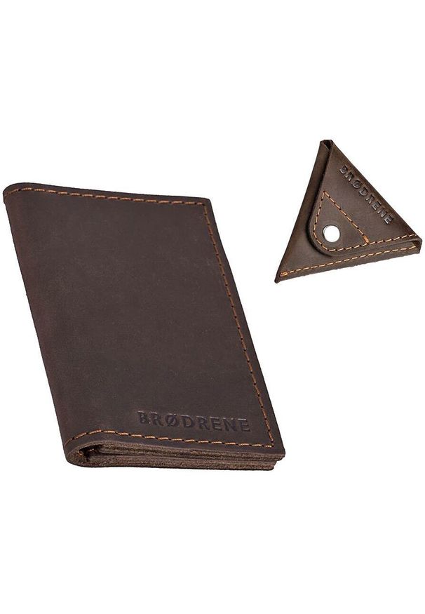 Skórzany zestaw portfel i bilonówka BRODRENE SW03 + CW01 ciemnobrązowy. Kolor: brązowy. Materiał: skóra