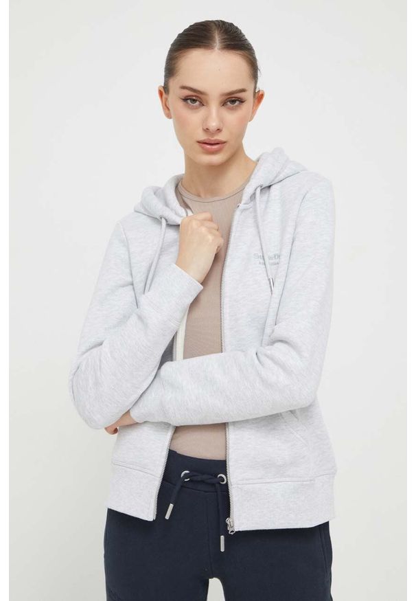 Superdry bluza damska kolor szary z kapturem melanżowa. Typ kołnierza: kaptur. Kolor: szary. Materiał: włókno, dzianina, materiał. Wzór: melanż
