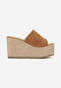 Born2be - Brązowe Klapki z Szerokim Paskiem i Wysokim Koturnie z Platformą Lornea. Kolor: brązowy. Materiał: materiał. Sezon: lato. Obcas: na koturnie. Styl: boho #4
