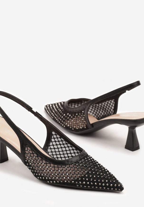 Renee - Czarne Sandały na Kaczuszce Slingback z Siateczkową Cholewką i Cyrkoniami Ridirana. Zapięcie: sprzączka. Kolor: czarny. Wzór: aplikacja. Sezon: lato. Obcas: na szpilce. Styl: elegancki. Wysokość obcasa: średni