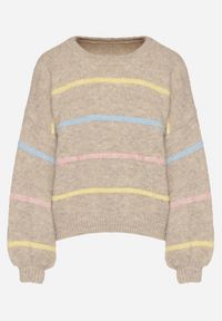 Born2be - Beżowy Nietoperzowy Sweter z Domieszką Wełny w Kolorowe Paski Rallieva. Okazja: na spacer, na co dzień. Kolor: beżowy. Materiał: wełna. Długość rękawa: długi rękaw. Długość: długie. Wzór: kolorowy, paski. Styl: casual, klasyczny #3