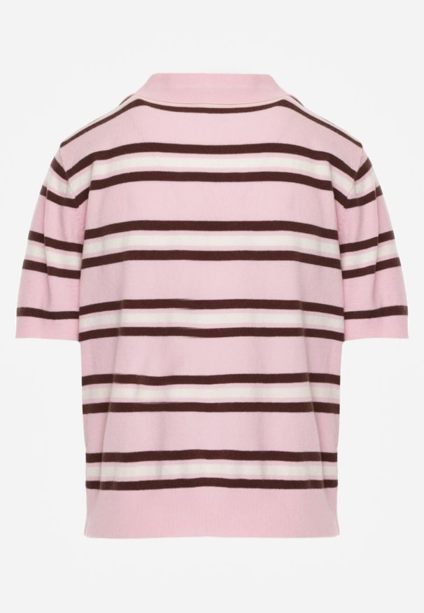 Born2be - Różowy T-shirt Typu Polo z Wiskozą Ozdobiony Guzikami i Paskami Esefia. Okazja: na co dzień. Typ kołnierza: polo. Kolor: różowy. Materiał: wiskoza. Wzór: aplikacja. Styl: casual