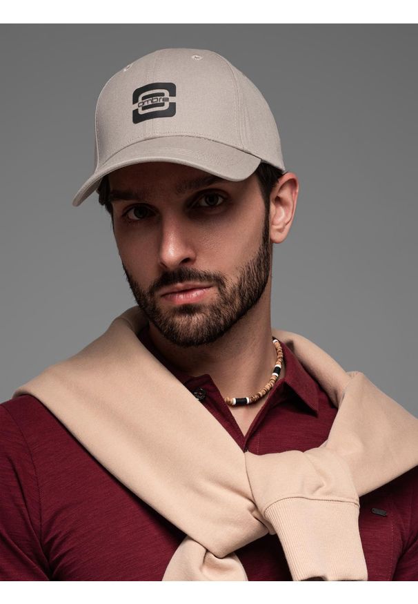 Ombre Clothing - Męska czapka bejsbolówka z logo – popielata V4. Kolor: szary. Materiał: tkanina, bawełna. Wzór: ze splotem, nadruk. Styl: klasyczny, casual