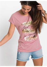 bonprix - T-shirt z brokatowym nadrukiem. Kolor: różowy. Wzór: nadruk