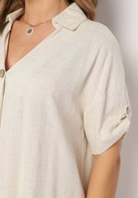 Born2be - Beżowa Pudełkowa Sukienka z Bawełny z Podwijanymi Rękawami Carinea. Okazja: na co dzień, do pracy, na spotkanie biznesowe. Typ kołnierza: dekolt w serek. Kolor: beżowy. Materiał: bawełna. Styl: biznesowy, klasyczny, casual, elegancki #2