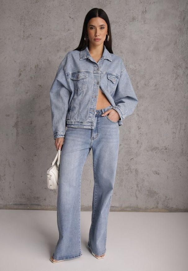 Renee - Niebieskie Jeansy Szerokie z Bawełny High Waist Ozdobione Perełkami i Wycięciami Nenelsea. Okazja: na co dzień. Stan: podwyższony. Kolor: niebieski. Wzór: aplikacja. Styl: casual