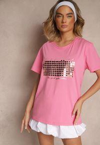 Renee - Różowy T-shirt z Bawełny z Naszytymi Cekinami Avenelli. Okazja: na co dzień. Kolor: różowy. Materiał: bawełna. Wzór: aplikacja. Styl: klasyczny, elegancki, casual #3