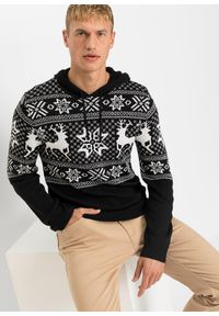 bonprix - Sweter w norweski wzór, z kapturem, z bawełną. Typ kołnierza: kaptur. Kolor: czarny. Materiał: bawełna. Wzór: prążki