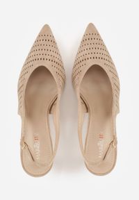 Renee - Beżowe Szpilki Slingback z Ażurową Cholewką Nessnore. Zapięcie: sprzączka. Kolor: beżowy. Materiał: satyna. Szerokość cholewki: normalna. Wzór: ażurowy. Obcas: na szpilce #9