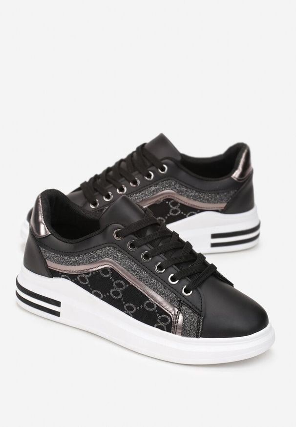 Renee - Czarne Sneakersy z Brokatem i Metalicznym Zdobieniem Dreama. Kolor: czarny. Wzór: aplikacja