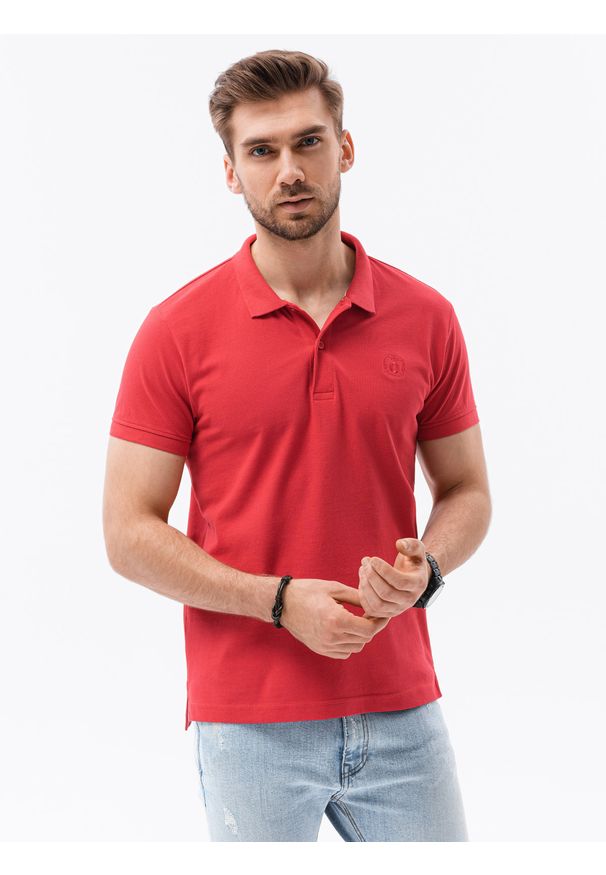 Czerwona koszulka polo Ombre Clothing klasyczna, z haftami