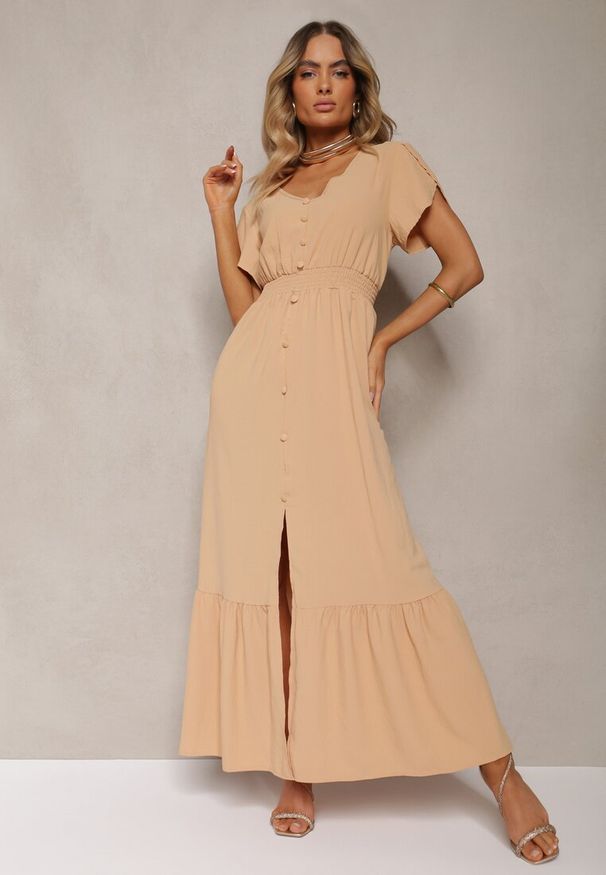 Renee - Ciemnobeżowa Rozkloszowana Sukienka z Gumkami w Talii z Guzikami i Rozcięciem Gafia. Kolor: beżowy. Długość rękawa: krótki rękaw. Typ sukienki: rozkloszowane