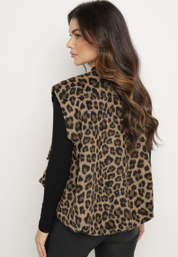 Born2be - Brązowa Panterkowa Kamizelka z Lnem o Kroju Oversize Enalorin. Okazja: na co dzień. Kolor: brązowy. Materiał: len. Styl: casual