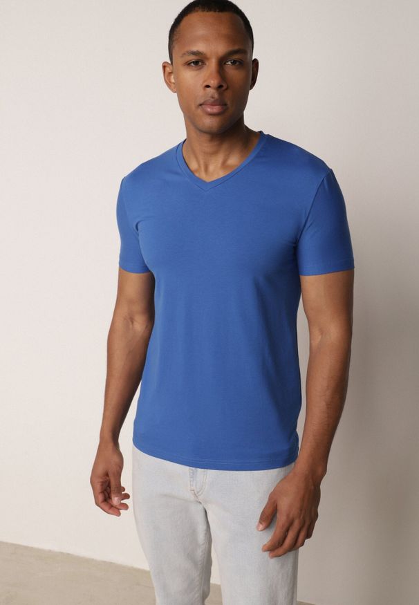 Born2be - Niebieska Koszulka T-shirt z Bawełny z Dekoltem w Serek Rionisse. Okazja: do domu, do pracy. Typ kołnierza: dekolt w serek. Kolor: niebieski. Materiał: bawełna. Styl: klasyczny, elegancki