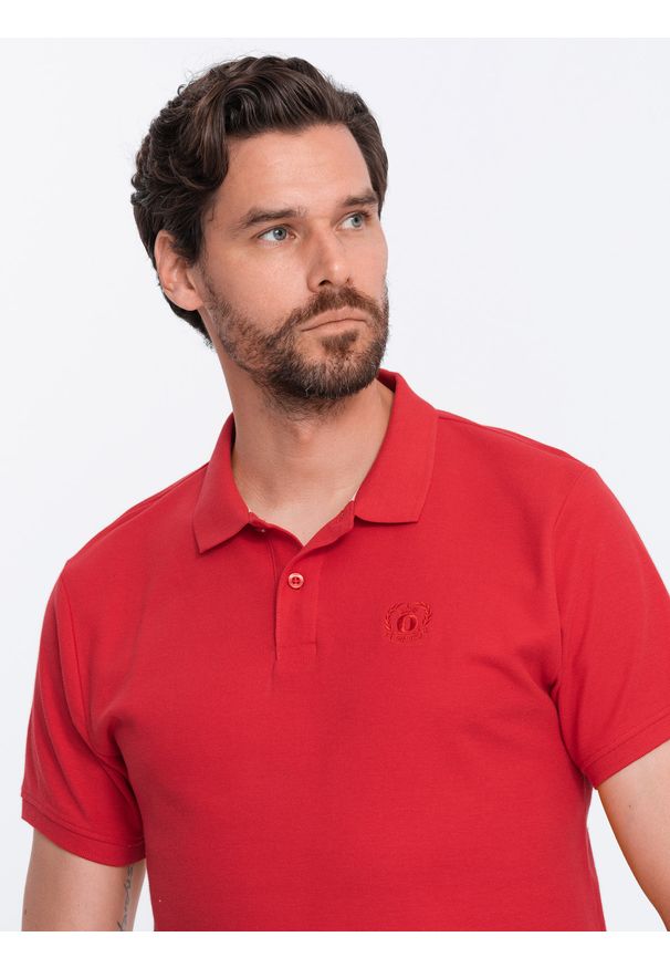Ombre Clothing - Koszulka męska polo z dzianiny pique - czerwony V22 - Rozmiar: L. Typ kołnierza: polo. Kolor: czerwony. Materiał: dzianina. Wzór: haft. Styl: klasyczny