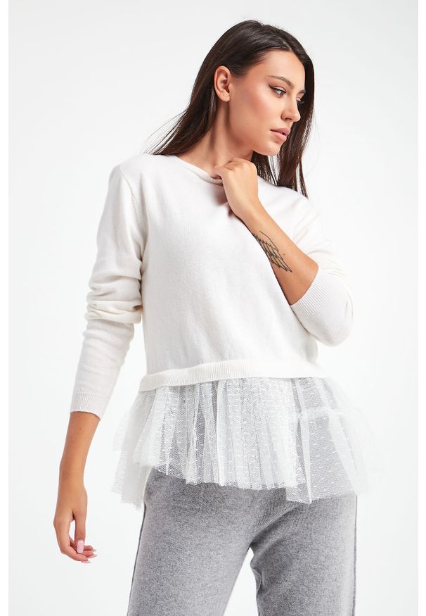Twinset Milano - SWETER TWINSET. Materiał: tiul, materiał. Długość rękawa: długi rękaw. Długość: długie. Wzór: gładki