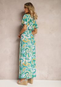 Renee - Zielona Rozkloszowana Sukienka z Bawełny o Kopertowym Kroju w Print Paisley Piavella. Okazja: na co dzień. Kolor: zielony. Materiał: bawełna. Wzór: paisley, nadruk. Typ sukienki: kopertowe. Styl: elegancki, casual #5