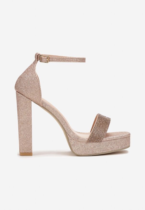 Renee - Złote Sandały Brokatowe na Platformie i Słupku Lirena. Kolor: złoty. Obcas: na platformie. Styl: wizytowy