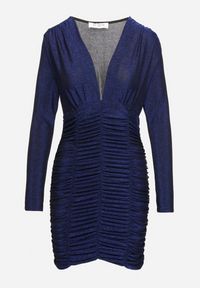 Born2be - Niebieska Koktajlowa Sukienka Ozdobiona Metaliczną Nitką i Marszczeniem Ninnitta. Kolor: niebieski. Materiał: wiskoza. Wzór: aplikacja. Styl: wizytowy #4