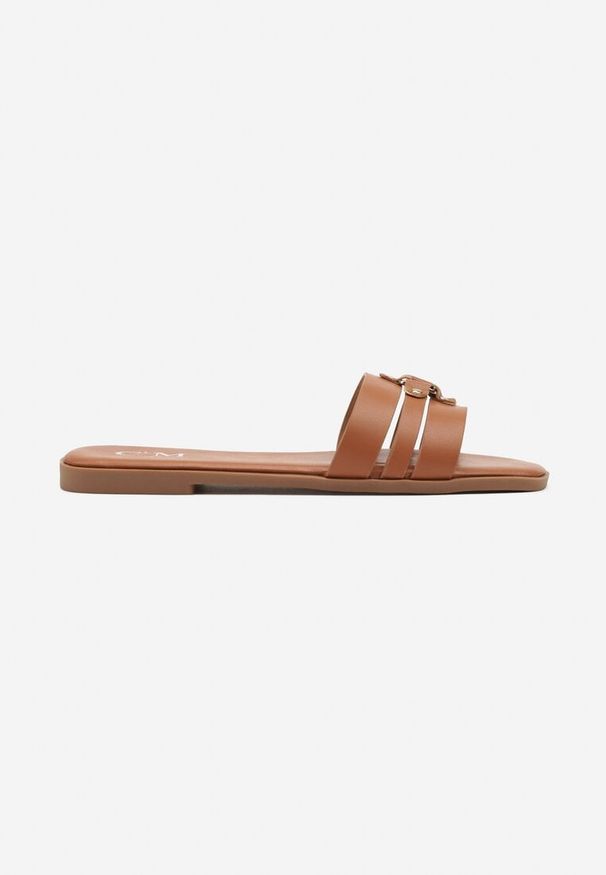 Born2be - Brązowe Eleganckie Klapki w Minimalistycznym Stylu z Ozdobną Aplikacją Galisse. Okazja: na co dzień. Kolor: brązowy. Materiał: jeans. Wzór: aplikacja. Obcas: na płaskiej podeszwie. Styl: elegancki