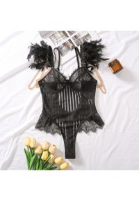 Intica - Body z piórkami na specjalne okazje Ingerlise. Kolor: czarny. Materiał: materiał, koronka. Wzór: aplikacja