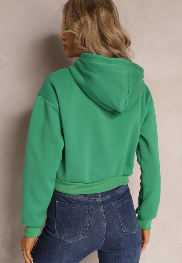 Renee - Zielona Dzianinowa Bluza z Nadrukiem i Kapturem Faminese. Kolor: zielony. Materiał: dzianina. Wzór: nadruk. Sezon: zima