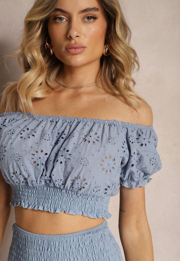 Renee - Jasnoniebieski Komplet 2-Częściowy z Bawełny Ażurowy Top w Hiszpańskim Stylu Spódnica z Gumką Dolflea. Kolor: niebieski. Materiał: bawełna. Wzór: ażurowy