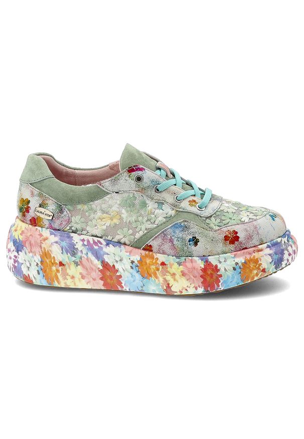 Sneakersy damskie Laura Vita, perforowana cholewka oraz podwyższona podeszwa z ozdobnym wzorem na boku, kolorowe, 64 SL26803B-64. Okazja: na spacer, na co dzień. Zapięcie: sznurówki. Szerokość cholewki: normalna. Wzór: kolorowy. Sezon: wiosna, lato. Styl: casual