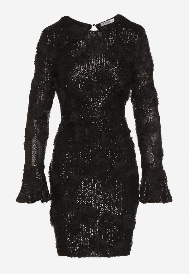 Born2be - Czarna Cekinowa Sukienka z Kwiatami 3D Naweda. Okazja: na spotkanie biznesowe. Kolor: czarny. Materiał: poliester, jeans. Wzór: kwiaty. Styl: biznesowy