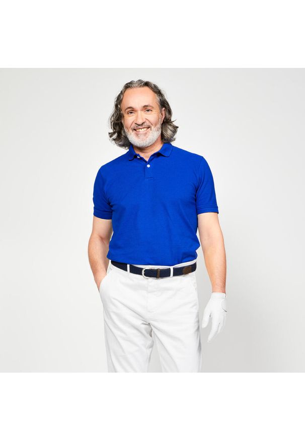 INESIS - Koszulka polo do golfa z krótkim rękawem męska Inesis MW500. Typ kołnierza: golf, polo. Kolor: niebieski. Materiał: bawełna, materiał, poliester. Długość rękawa: krótki rękaw. Długość: krótkie. Wzór: ze splotem. Styl: klasyczny