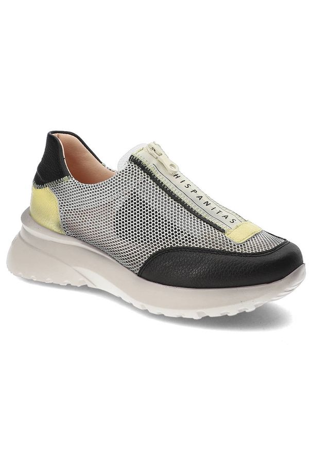 Czarne Sneakersy Hispanitas Stylowe Obuwie Damskie. Kolor: biały. Materiał: skóra, materiał. Szerokość cholewki: normalna. Obcas: na platformie. Styl: elegancki
