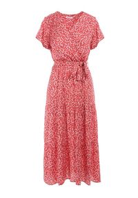 Born2be - Czerwona Sukienka z Wiskozy Feza. Kolor: czerwony. Materiał: wiskoza. Wzór: aplikacja, kwiaty. Typ sukienki: rozkloszowane, kopertowe. Długość: midi #6