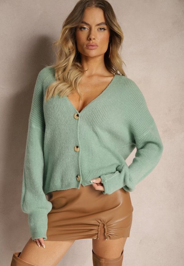 Renee - Miętowy Rozpinany Kardigan z Wełną Irissae. Kolor: miętowy. Materiał: wełna. Sezon: zima