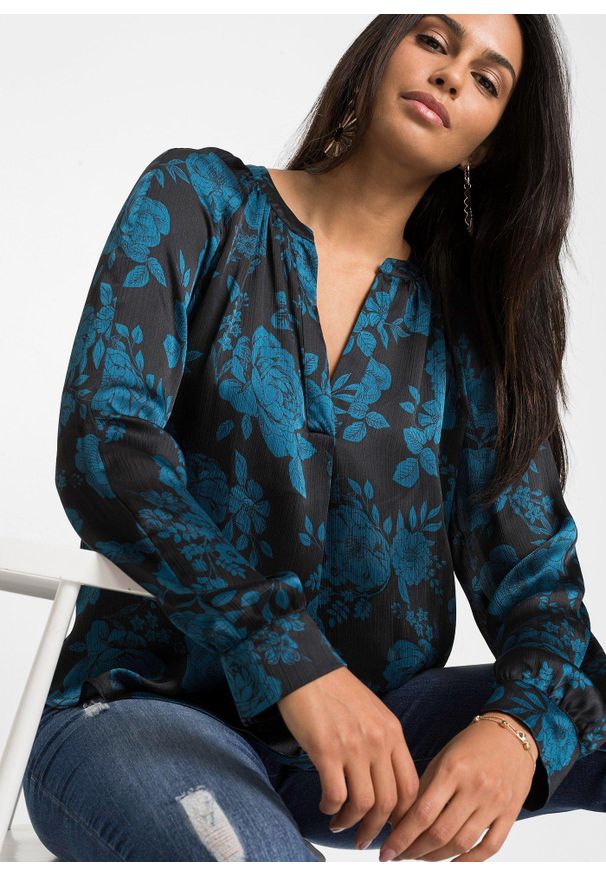 bonprix - Bluzka tunikowa z lekkiej krepy. Kolor: czarny. Wzór: nadruk