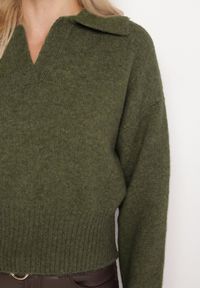 Born2be - Zielony Sweter o Krótkim Kroju z Kołnierzykiem i Dekoltem w Serek Valentarisa. Okazja: na co dzień. Typ kołnierza: dekolt w serek. Kolor: zielony. Materiał: bawełna, jeans. Długość: krótkie. Styl: klasyczny, elegancki, casual