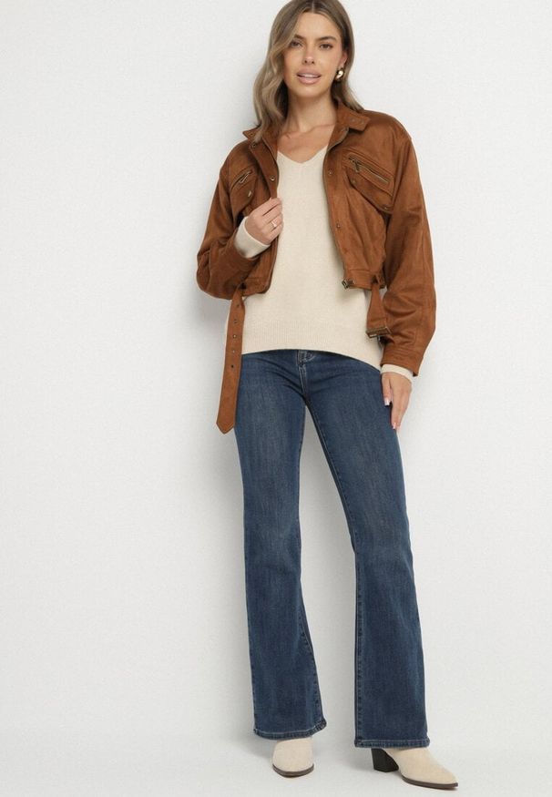 Born2be - Niebieskie Jeansy Dzwony z Wysokim Stanem z Dodatkiem Wiskozy Alindria. Okazja: na co dzień. Stan: podwyższony. Kolor: niebieski. Styl: casual