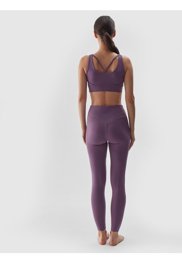 4f - 4F Legginsy do jogi z wysokim stanem damskie - fioletowe S. Stan: podwyższony. Kolor: fioletowy. Materiał: włókno, elastan, dzianina, materiał, syntetyk. Wzór: gładki, jednolity, ze splotem. Sport: joga i pilates