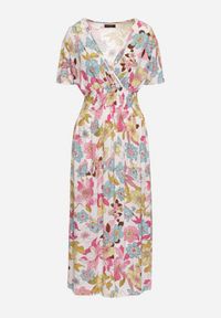 Born2be - Biało-Różowa Sukienka w Kwiaty z Kopertowym Dekoltem i Gumkami w Pasie Lomanda. Okazja: na spacer, na co dzień. Typ kołnierza: dekolt kopertowy. Kolor: biały. Wzór: kwiaty. Sezon: lato. Typ sukienki: kopertowe. Styl: elegancki, casual, klasyczny. Długość: midi #2